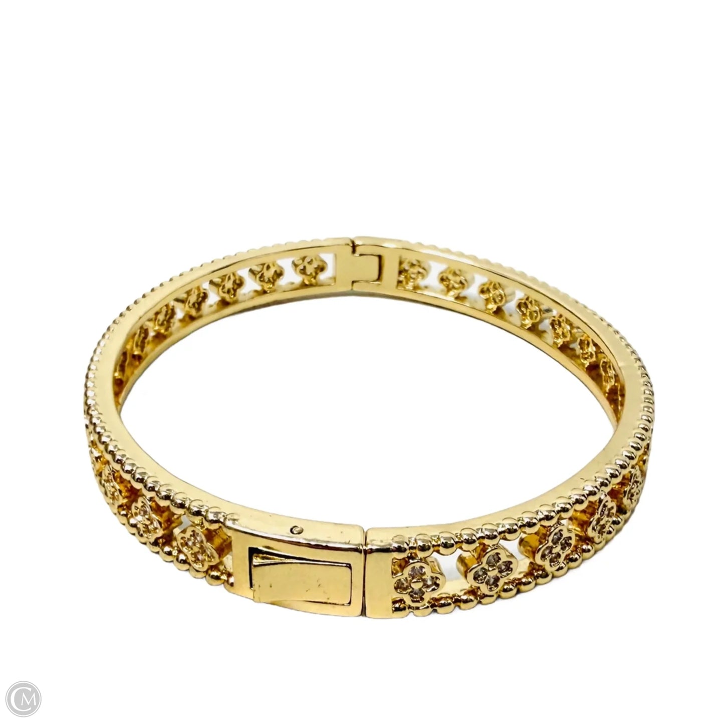 Gold Tone Cubic Zirconia Clovers Cuff Bangle Bracelet