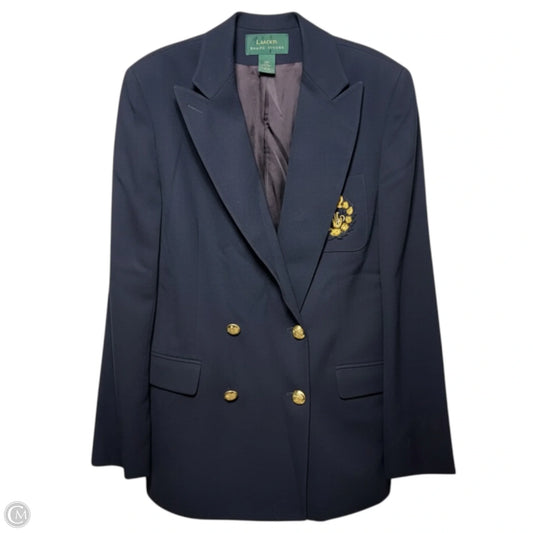 Vintage Wool Double Breasted Crest Blazer By Lauren By Ralph Lauren In Navy, Size: L