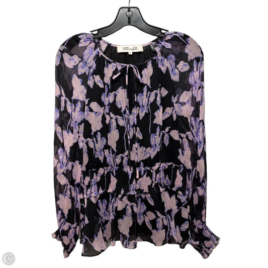 Silk Keyhole Smocked Waist Blouse Designer By Diane Von Furstenberg In Floral Print, Size: M
