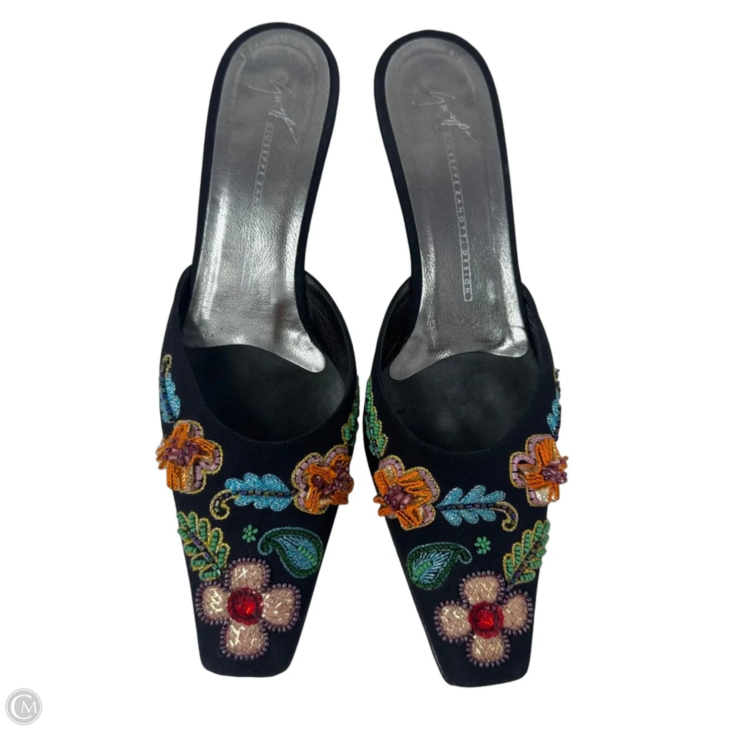 Beaded Kitten Heel Mules Shoes Designer By Giuseppe Zanotti In Floral Print, Size: 7.5