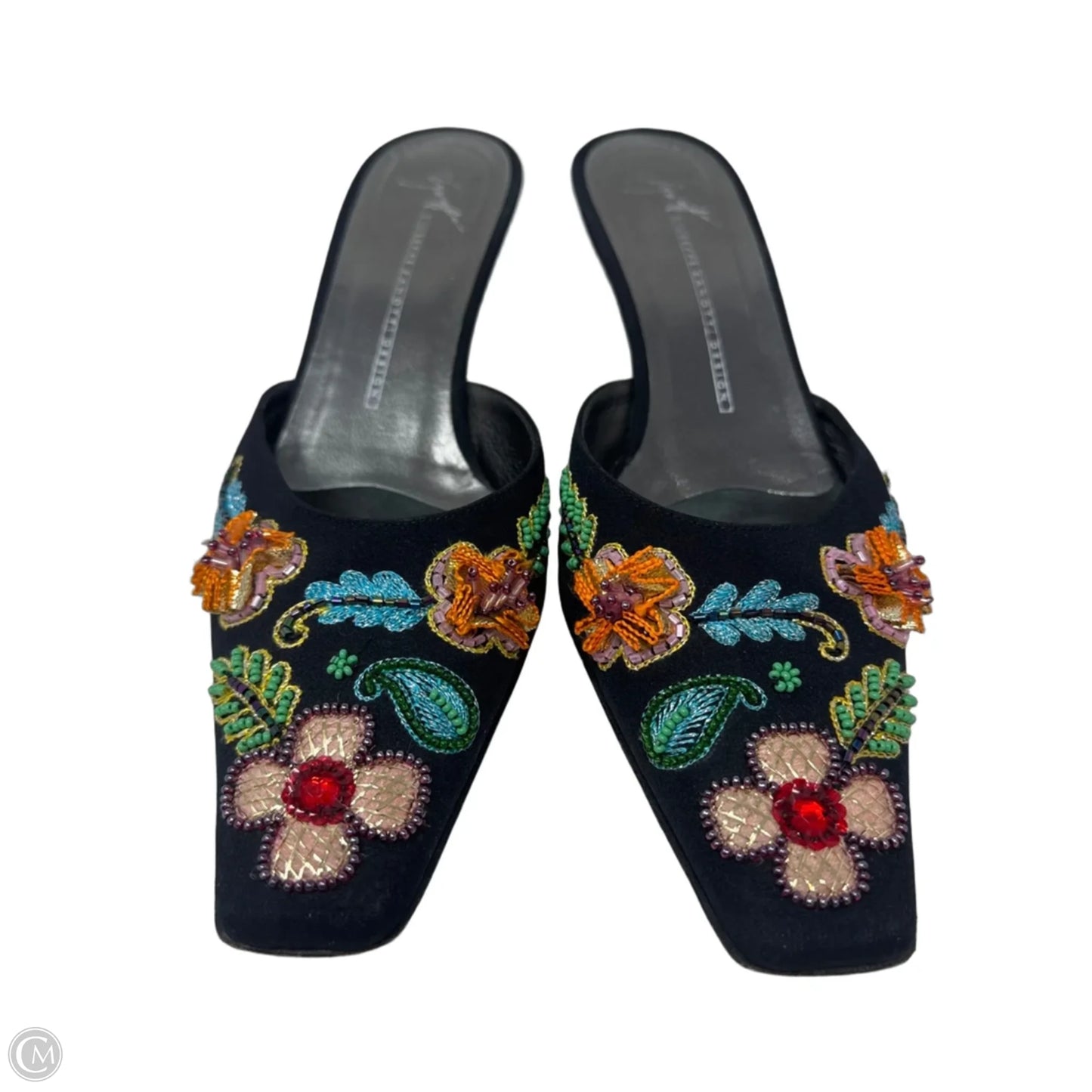 Beaded Kitten Heel Mules Shoes Designer By Giuseppe Zanotti In Floral Print, Size: 7.5