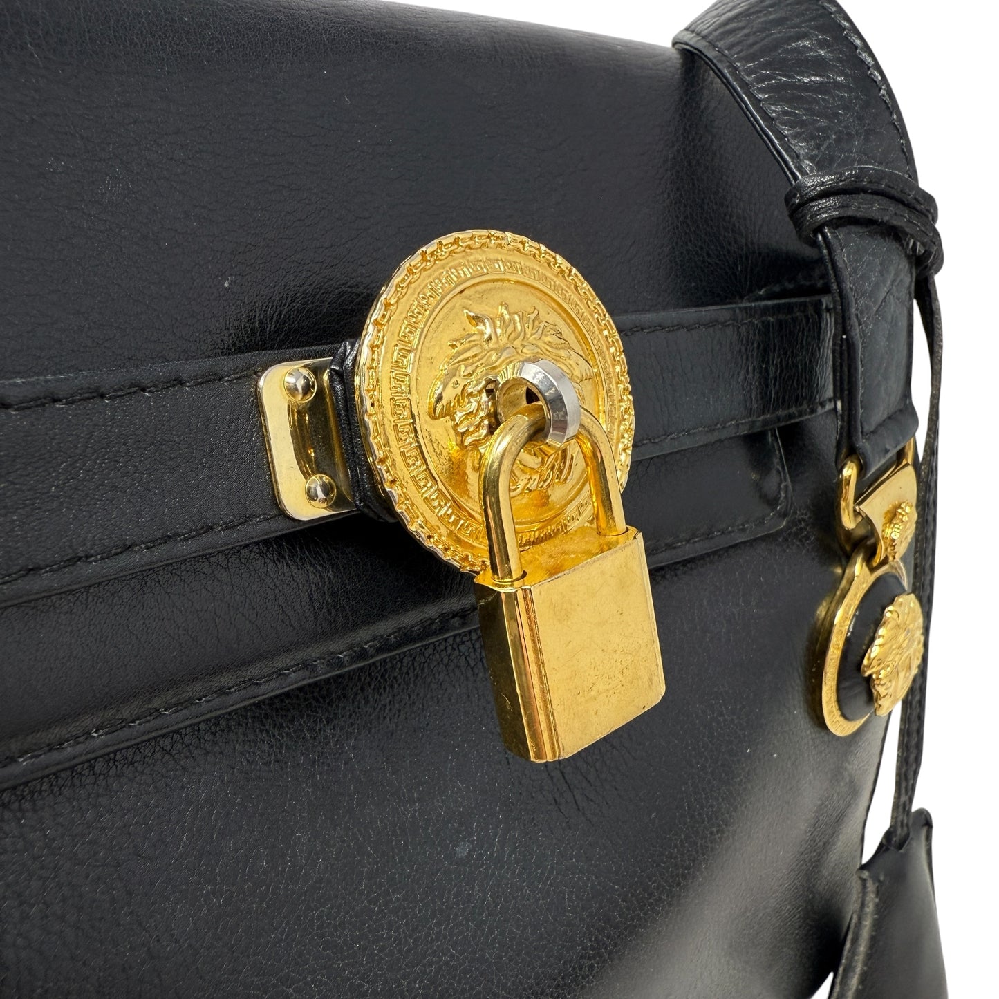 Vintage 90’s Medusa Medallion Leather Flap Shoulder Bag Luxury Designer By Gianni Versace, Size: Medium