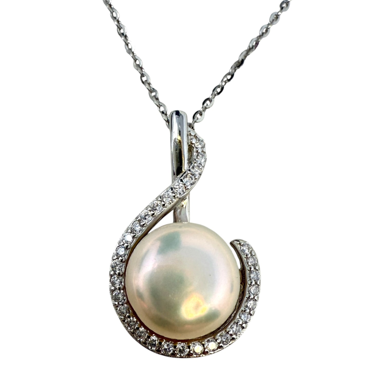 Sterling Silver, Pearl & Pave CZ Earrings & Necklace Set