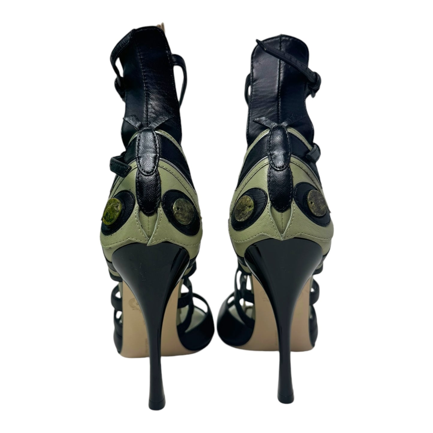 Limited Edition Butterfly Leather Strappy Open Toe Stiletto Sandals Luxury Designer By Bottega Veneta In Black & Olive, Size: 6.5