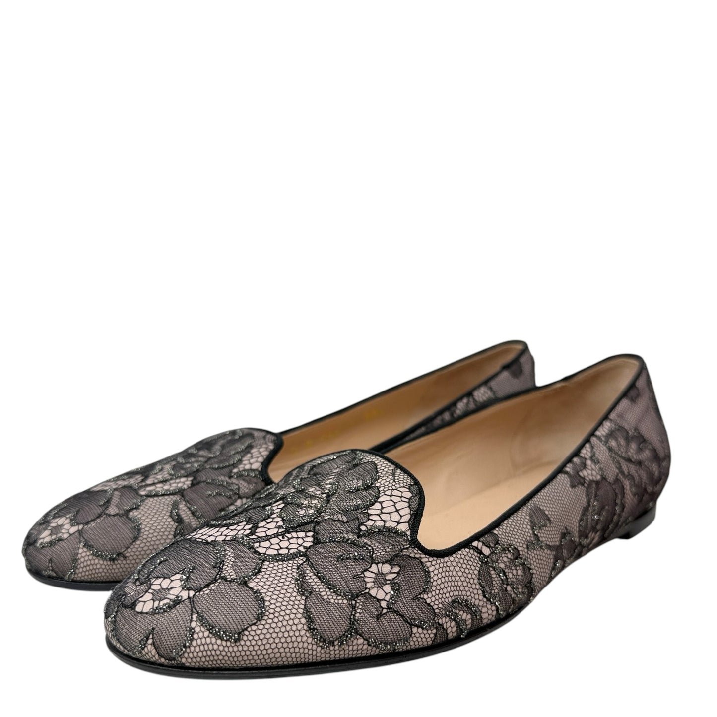 Caviar Crystal Lace Smoking Slippers In Blush Luxury Designer By Valentino-garavani In Black & Cream, Size: 8.5 (38.5)
