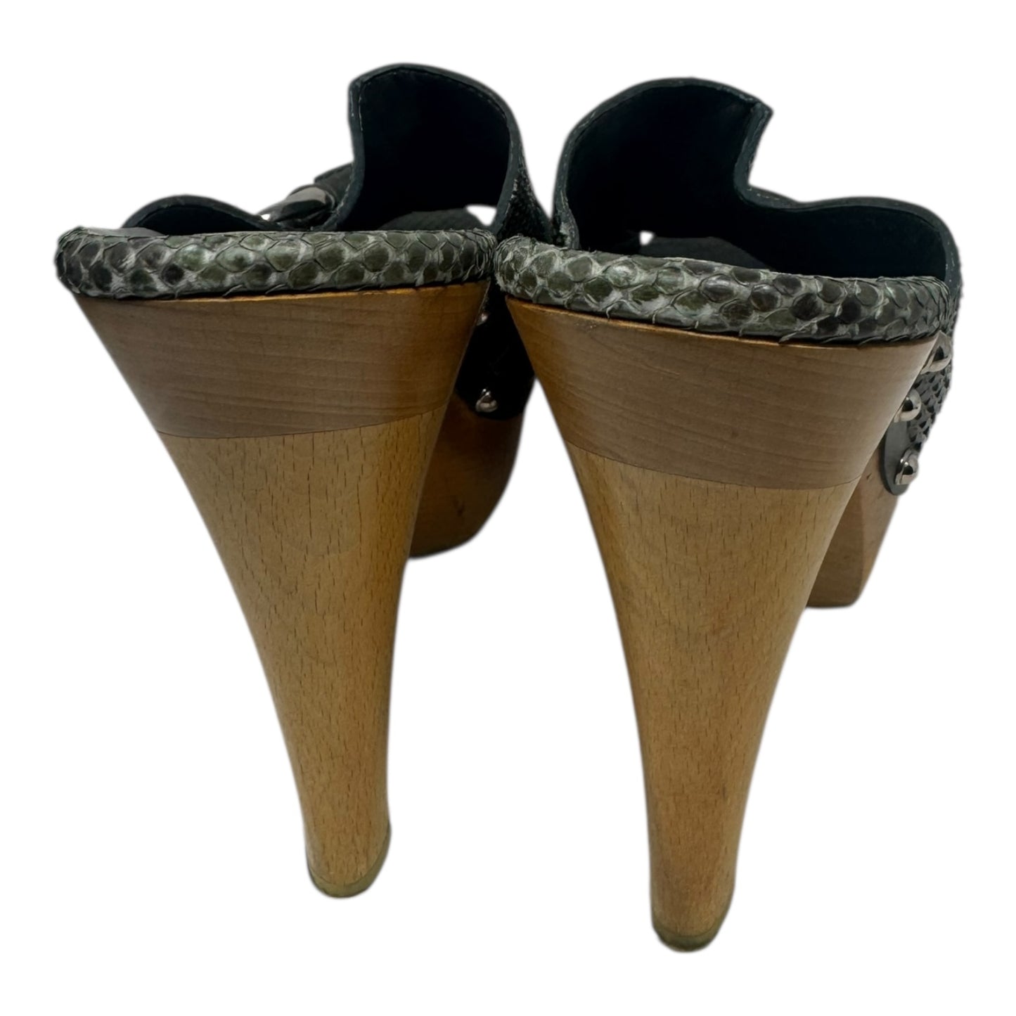 Python Buckle Peep Toe Wooden Heels Shoes Luxury Designer By Gucci In Snakeskin Print, Size: 9