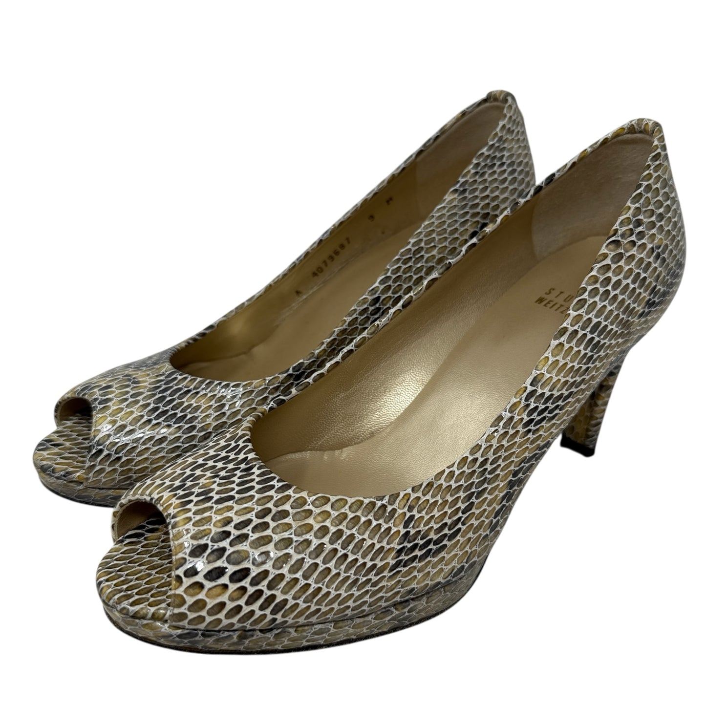 Logo Plainfield Snake Embossed Leather Peep Toe Pumps Designer By Stuart Weitzman In Snakeskin Print, Size: 9