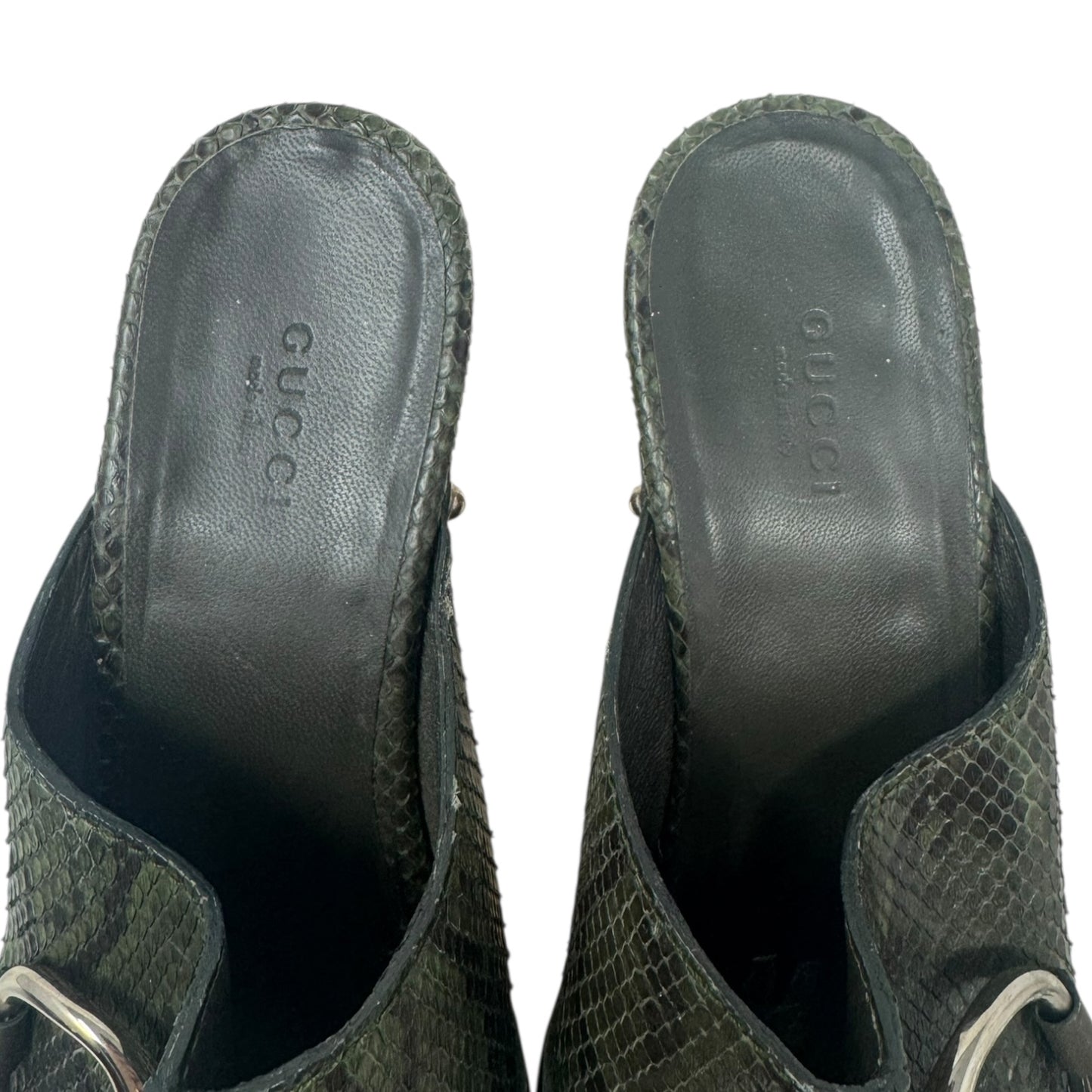 Python Buckle Peep Toe Wooden Heels Shoes Luxury Designer By Gucci In Snakeskin Print, Size: 9