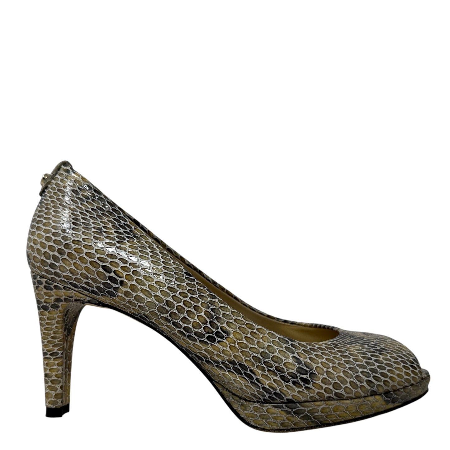 Logo Plainfield Snake Embossed Leather Peep Toe Pumps Designer By Stuart Weitzman In Snakeskin Print, Size: 9