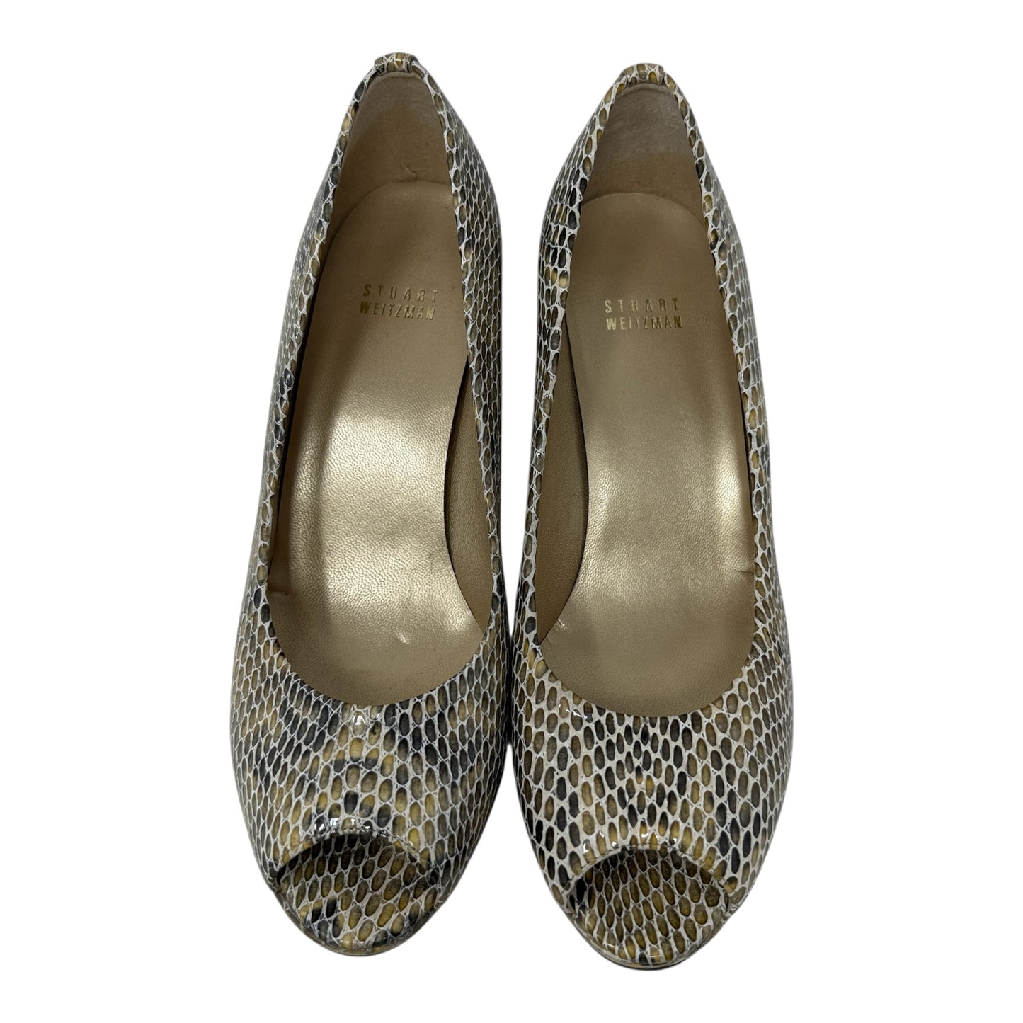 Logo Plainfield Snake Embossed Leather Peep Toe Pumps Designer By Stuart Weitzman In Snakeskin Print, Size: 9