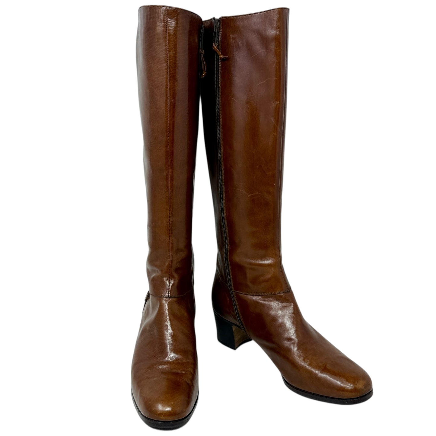 Vintage Leather Riding Boots Luxury Designer By Ferragamo In Brown, Size: 8