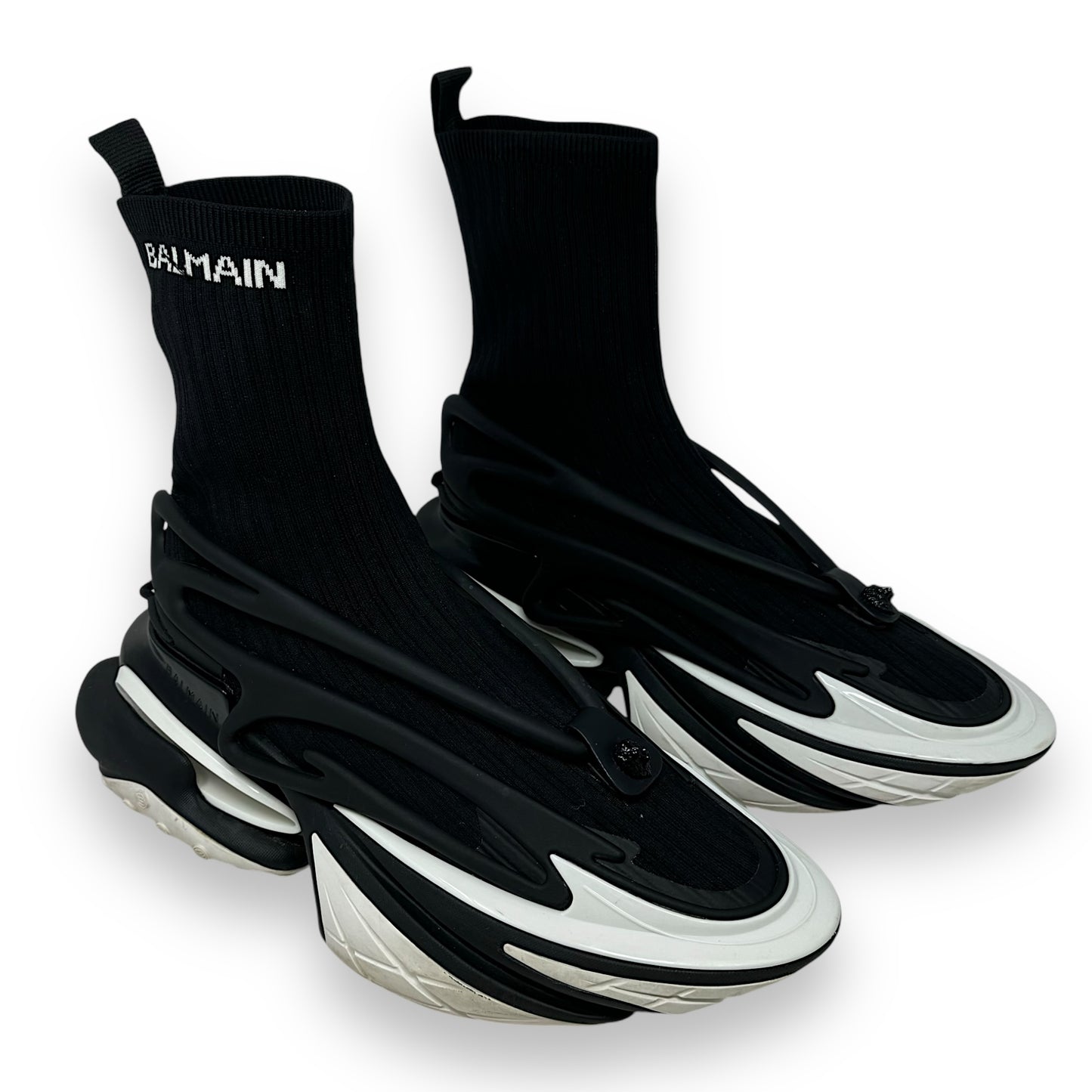 Unicorn High Top Knit & Rubber Sneakers Shoes Luxury Designer By Balmain In Black & White, Size: 11