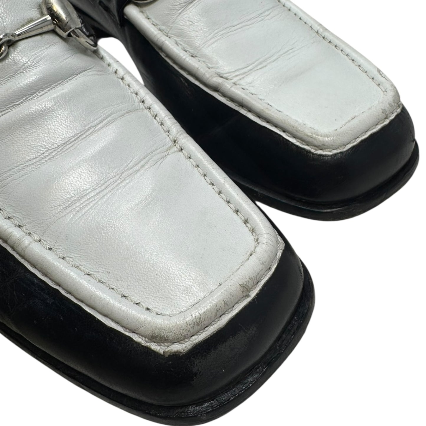 AS IS Vintage Two Tone Horsebit Loafers Shoes Luxury Designer By Gucci In Black & White, Size: 7.5