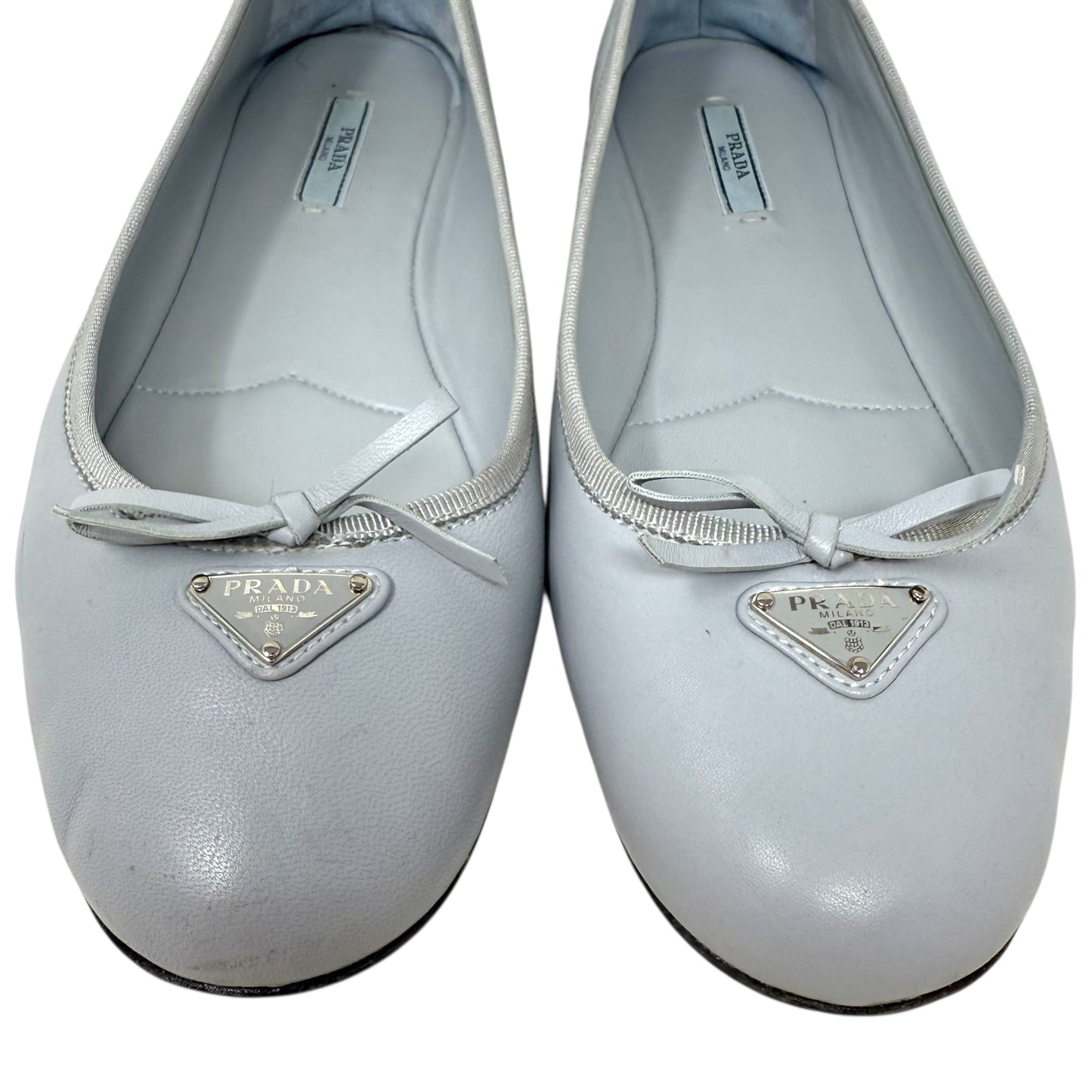 Nappa Lambskin Leather Bow Ballerina Flats Luxury Designer By Prada In Cornflower (Fiordaliso), Size: US 9/IT 39