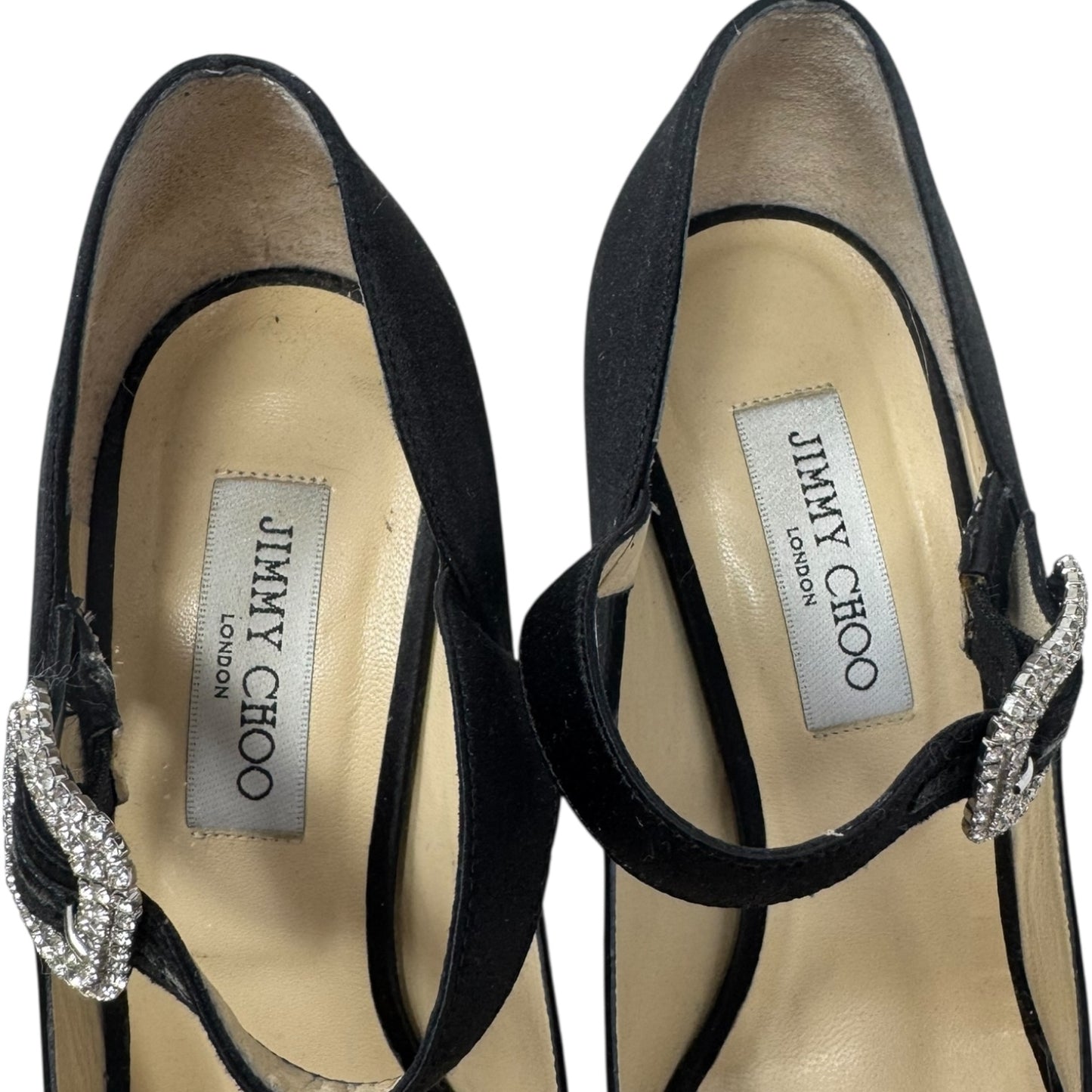 Embellished Buckle Peep Tor Heels Shoes Luxury Designer By Jimmy Choo In Black, Size: 11 (IT 41)