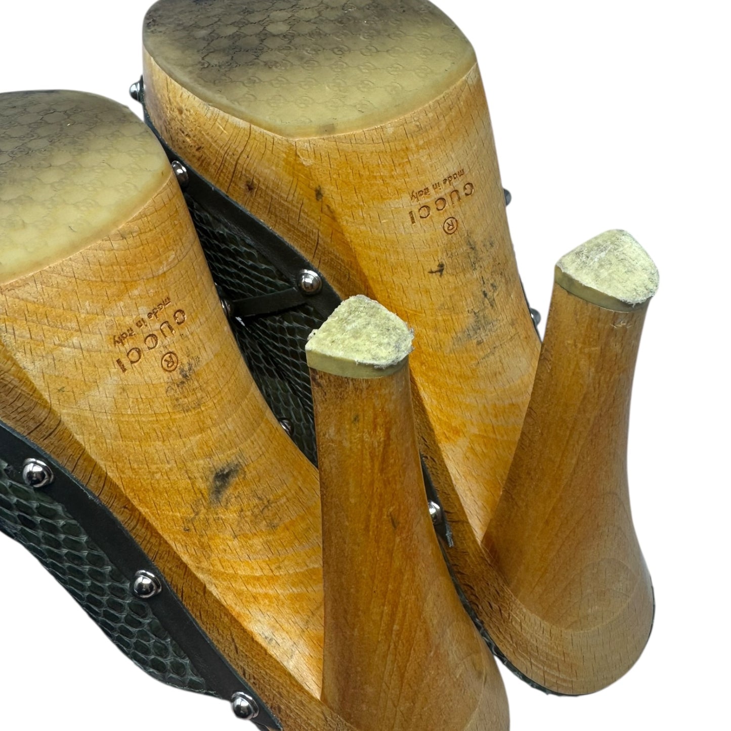 Python Buckle Peep Toe Wooden Heels Shoes Luxury Designer By Gucci In Snakeskin Print, Size: 9