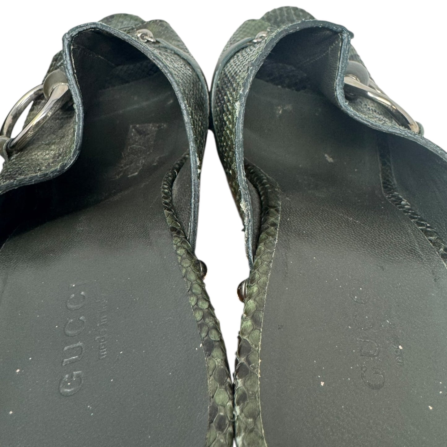 Python Buckle Peep Toe Wooden Heels Shoes Luxury Designer By Gucci In Snakeskin Print, Size: 9