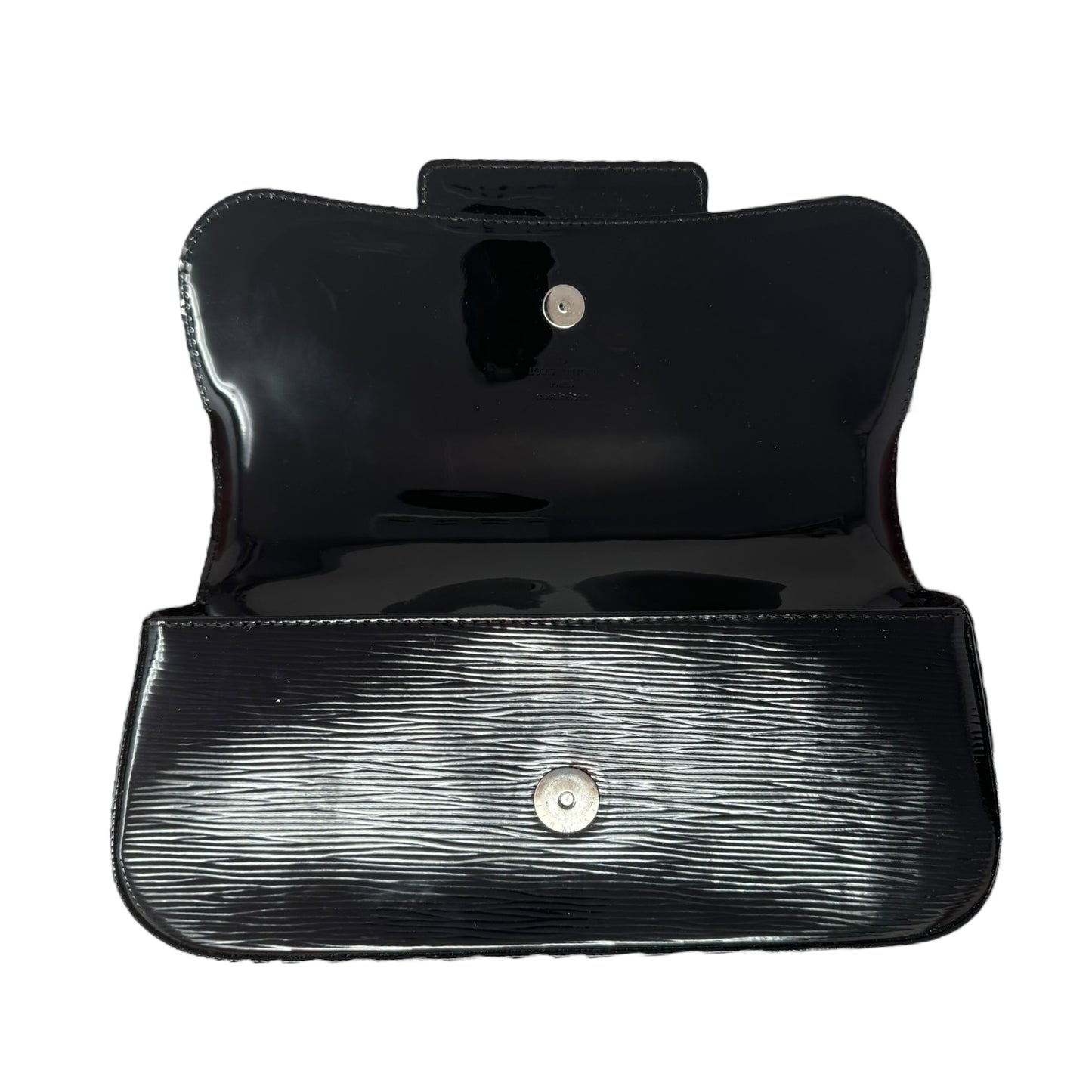 Epi Electric Sobe Clutch Pochette Luxury Designer By Louis Vuitton In Black Embossed Patent Leather, Size: Large