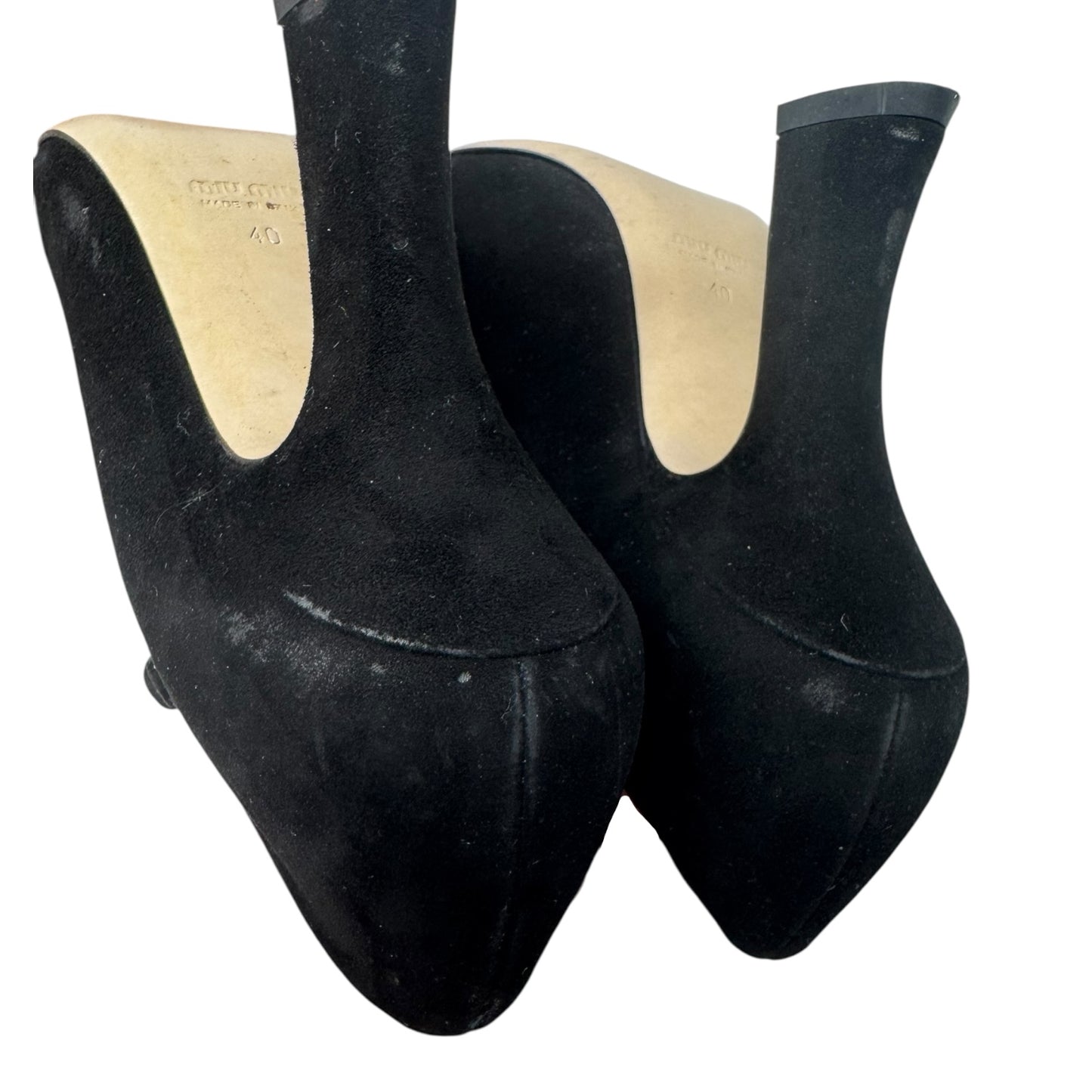 Suede T Strap Peep Toe Heels Shoes Luxury Designer By Miu Miu In Black, Size: 10 (IT 40)