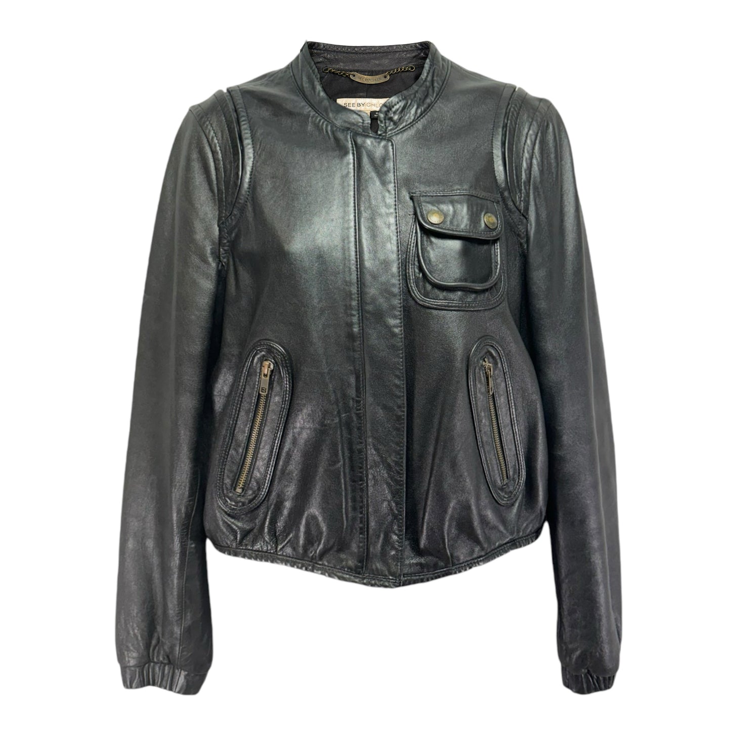 Lambskin Leather Moto Jacket Designer By See By Chloe In Black, Size: 8