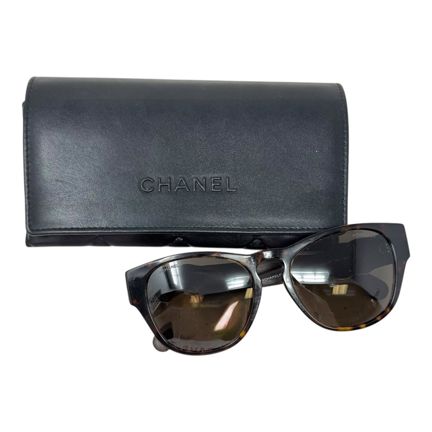 AS IS CC Tortoise Shell & Leather Sunglasses Luxury Designer By Chanel