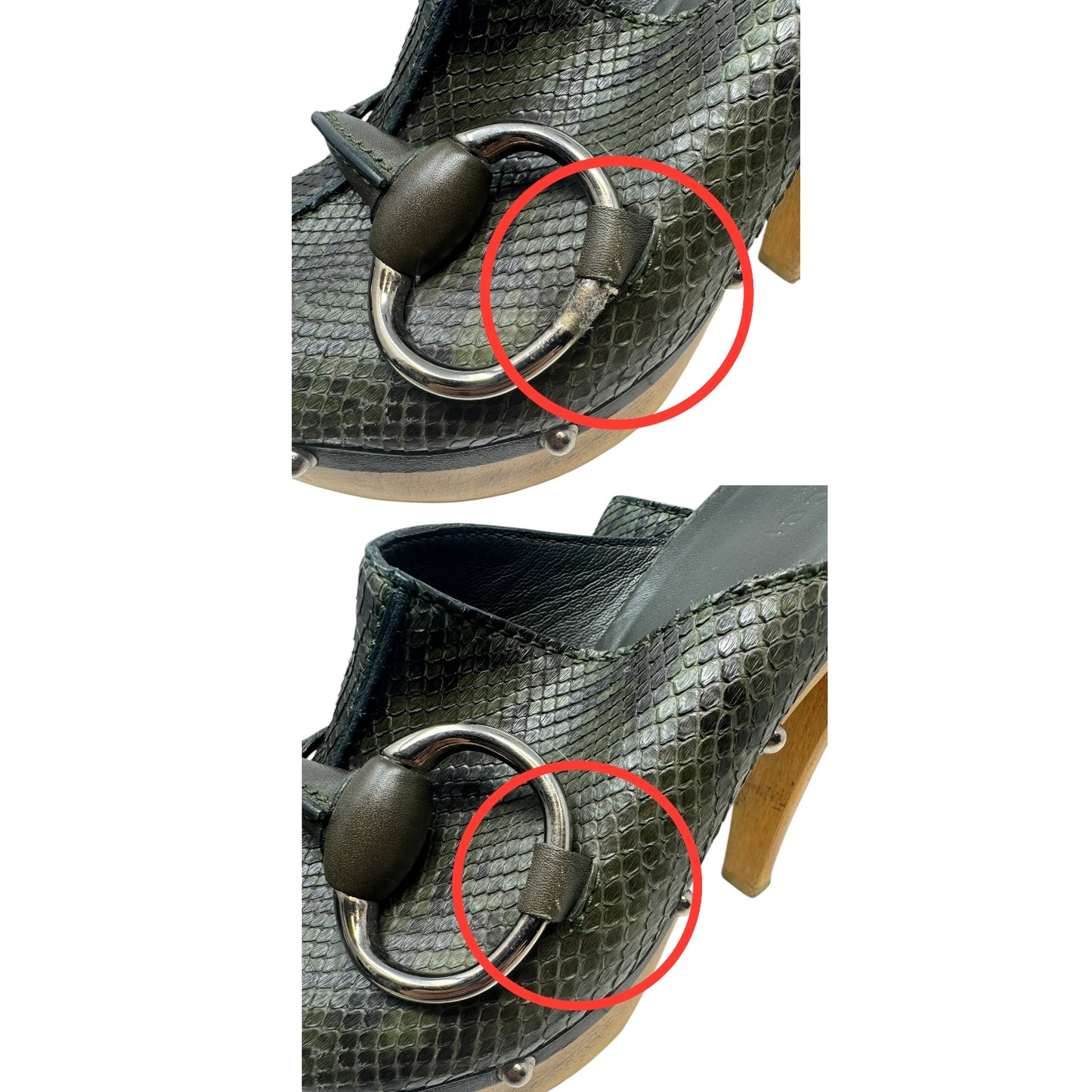 Python Buckle Peep Toe Wooden Heels Shoes Luxury Designer By Gucci In Snakeskin Print, Size: 9