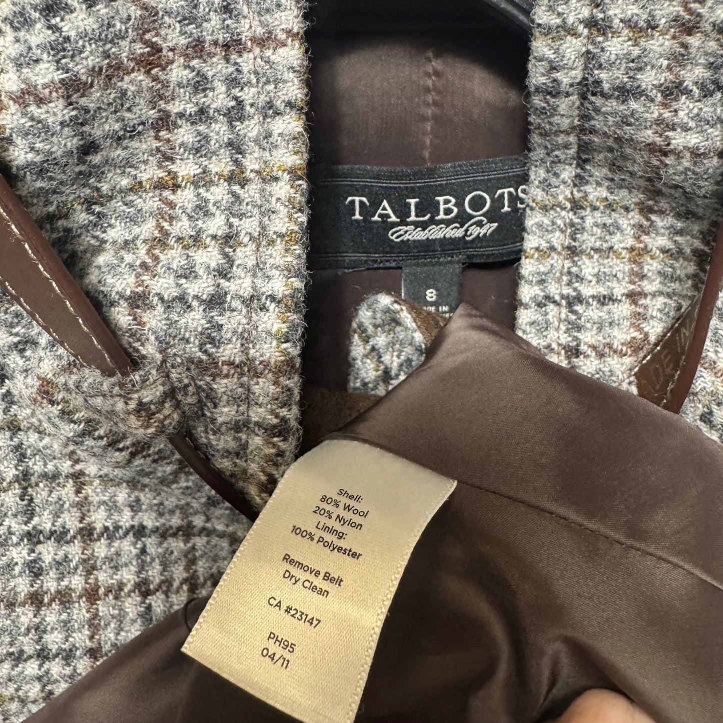 Wool Blend Blazer By Talbots In Checkered Pattern, Size: 8