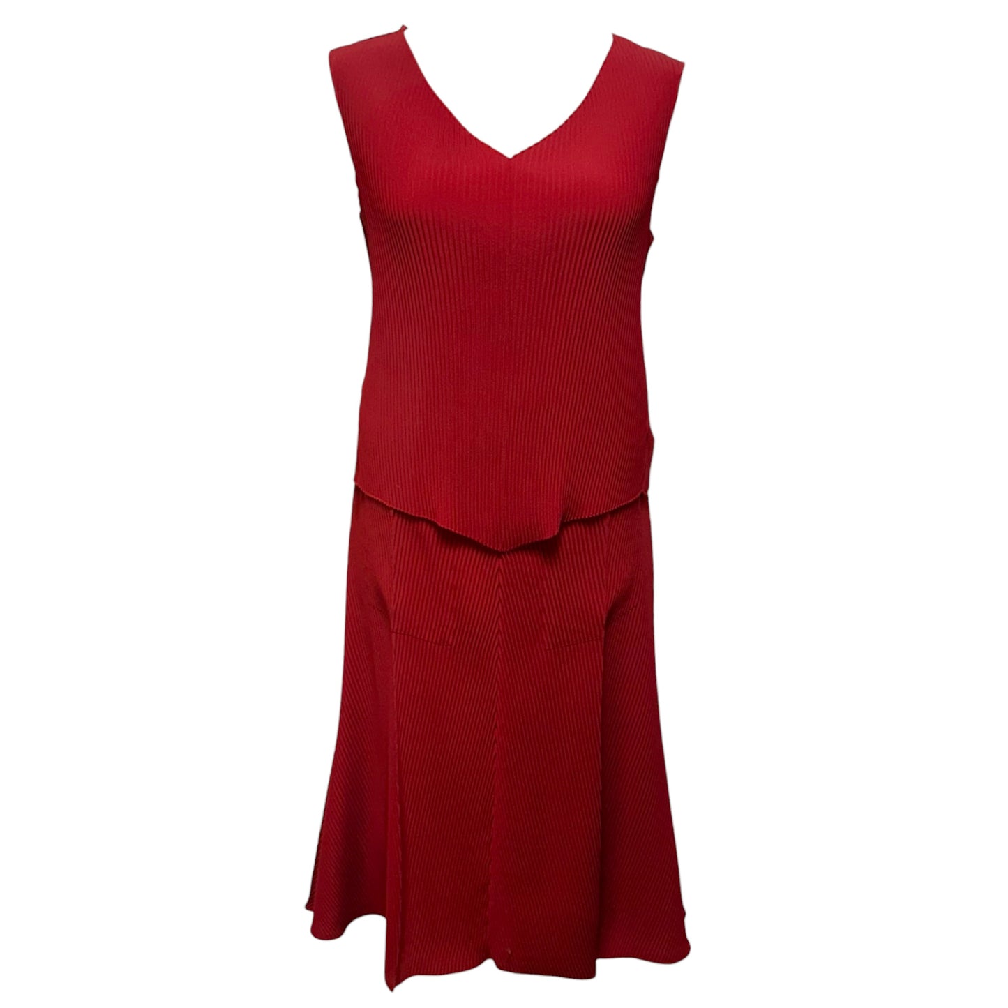 Sleeveless V Neck Accordion Top & Skirt Set 2pc By Babaton In Red, Size: S