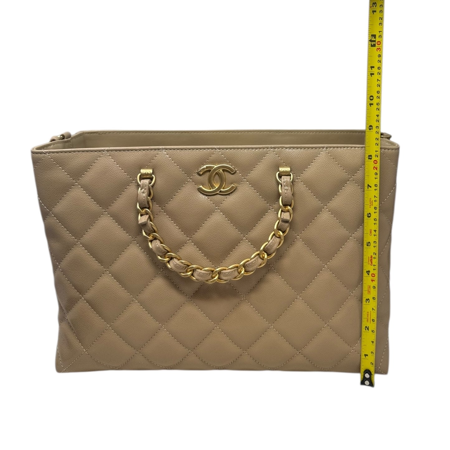 RARE 24S Coco Shiny Caviar Quilted Chain Top Handle Shopping Bag Luxury Designer By Chanel, Size: Medium