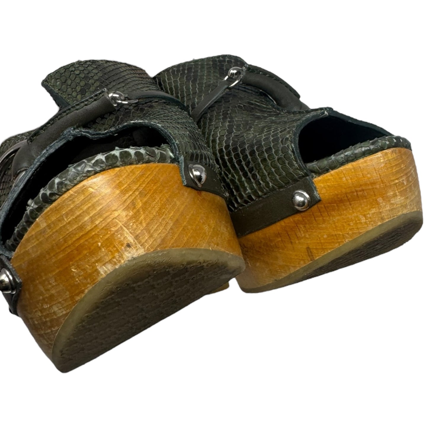 Python Buckle Peep Toe Wooden Heels Shoes Luxury Designer By Gucci In Snakeskin Print, Size: 9