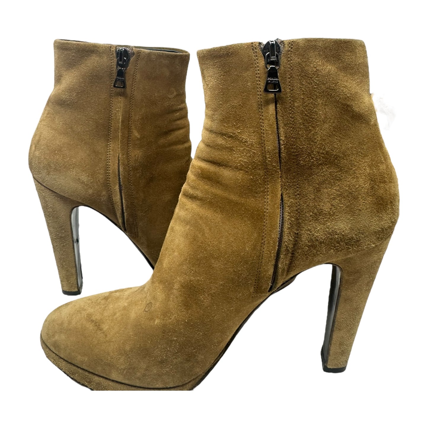 Platform Suede Ankle Booties Luxury Designer By Prada In Tan, Size: US 8.5/EU 38.5