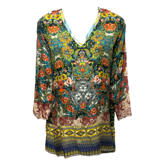 Silk Tunic Long Sleeve By Johnny Was In Floral Print, Size: 1x