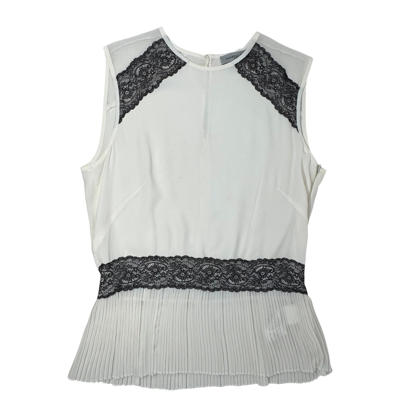 Silk Blend Lace Trim Sleeveless Peplum Blouse By Marella In Black & Cream, Size: 8