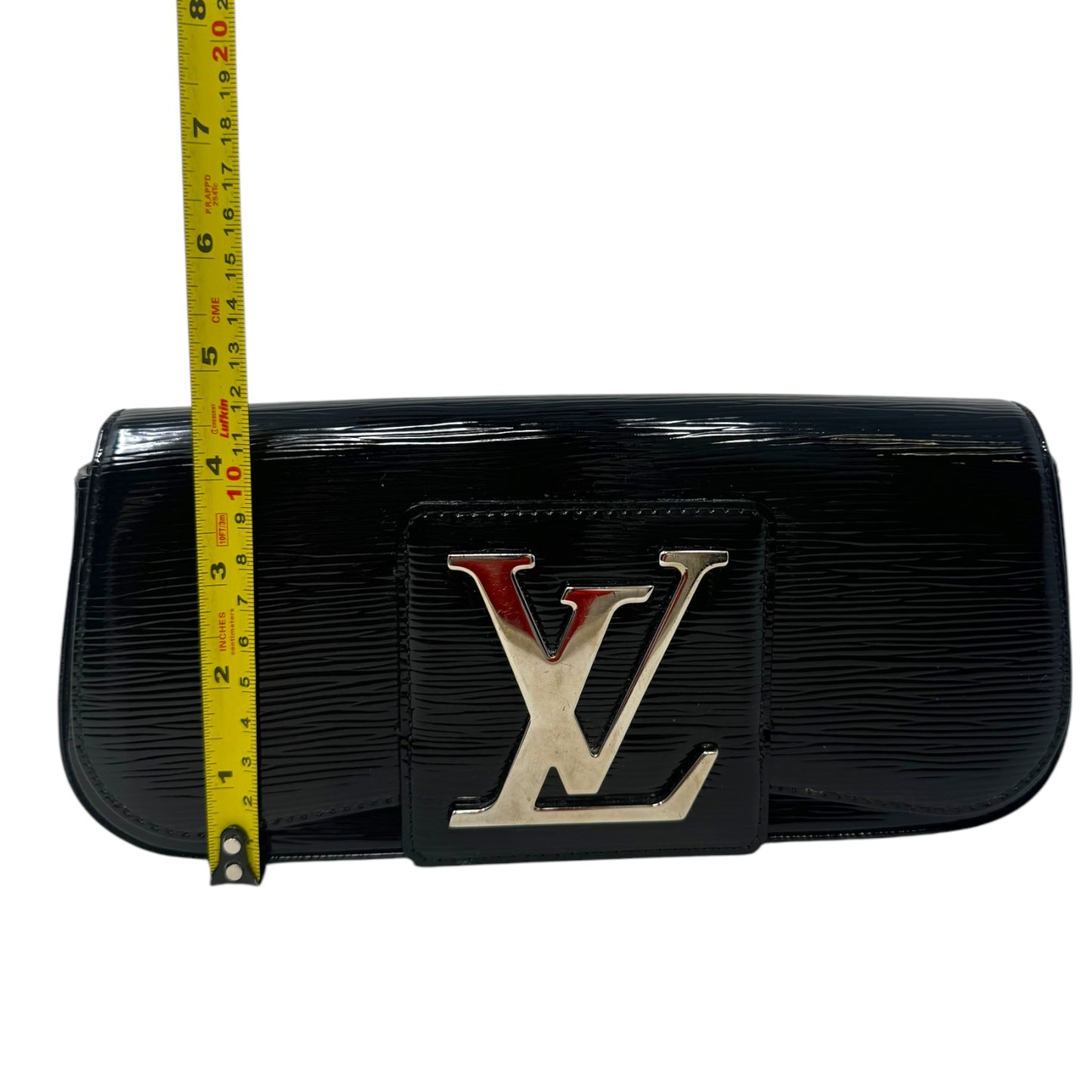 Epi Electric Sobe Clutch Pochette Luxury Designer By Louis Vuitton In Black Embossed Patent Leather, Size: Large