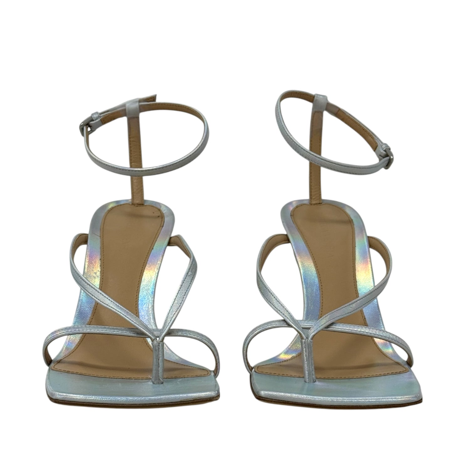 Stretch Iridescent Leather Sandals Luxury Designer By Bottega Veneta In Silver, Size: 9 (IT 39)
