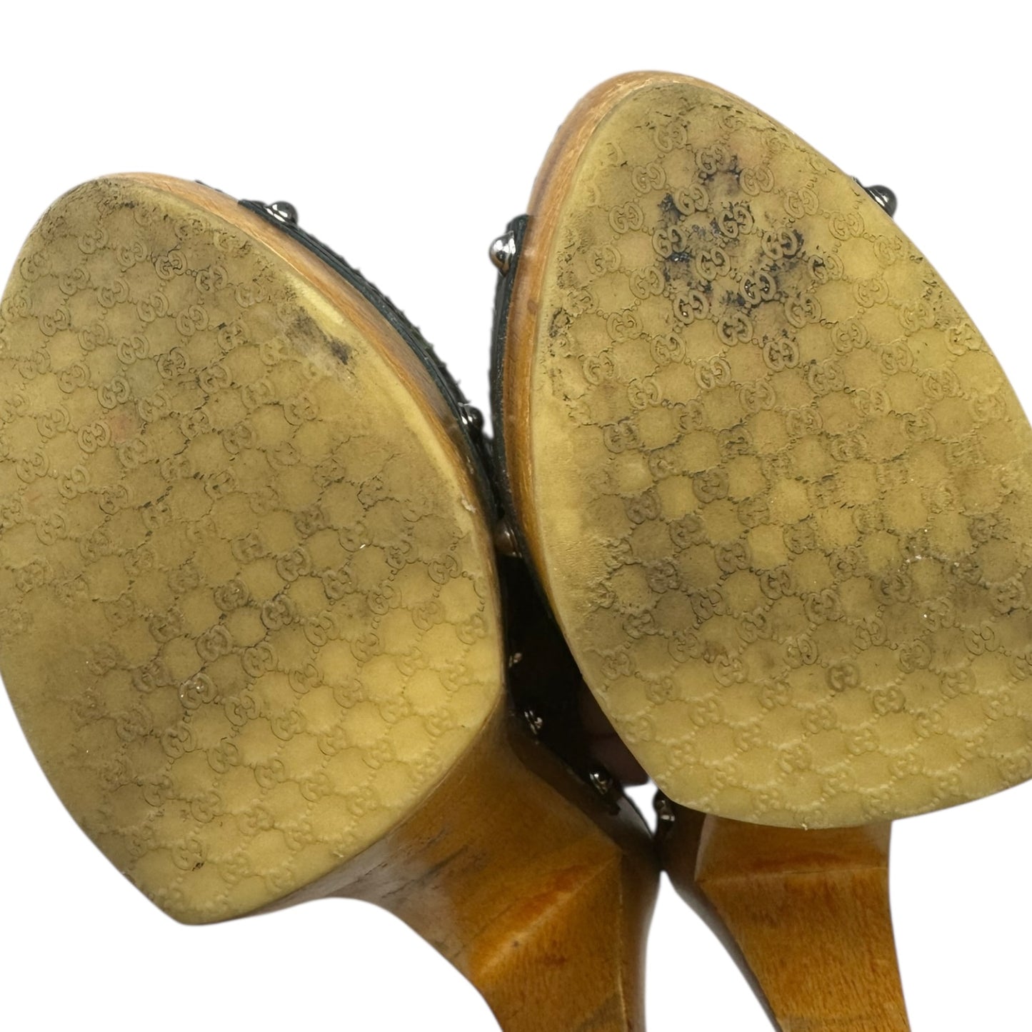 Python Buckle Peep Toe Wooden Heels Shoes Luxury Designer By Gucci In Snakeskin Print, Size: 9