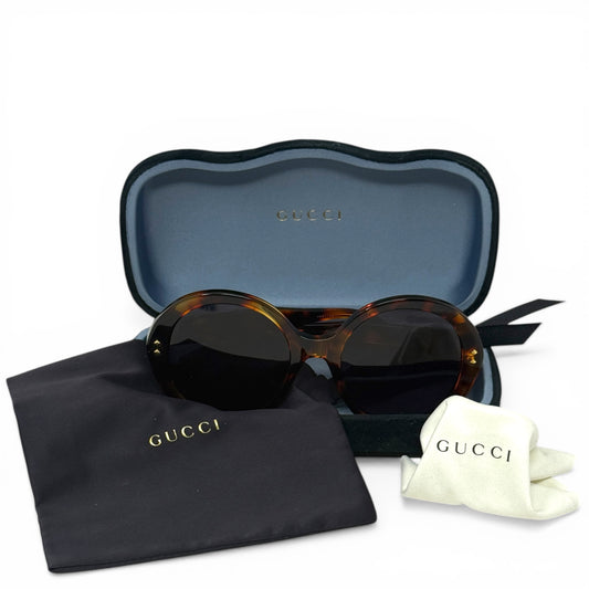 Tortoise Acetate Round Sunglasses Luxury Designer By Gucci, Size: Large