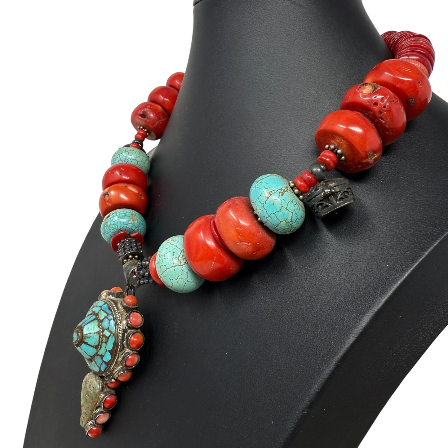 Himalayan Tibetan Sterling Silver, Turquoise & Coral Beaded Statement Necklace