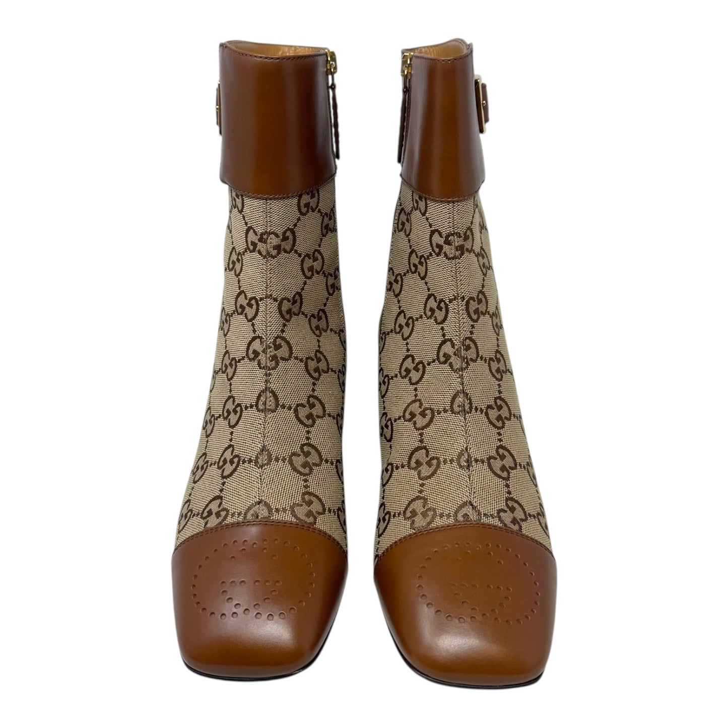 Ellis GG Supreme Canvas & Leather Cap Toe Ankle Boots Luxury Designer By Gucci In Camel Ebony, Size: 7.5