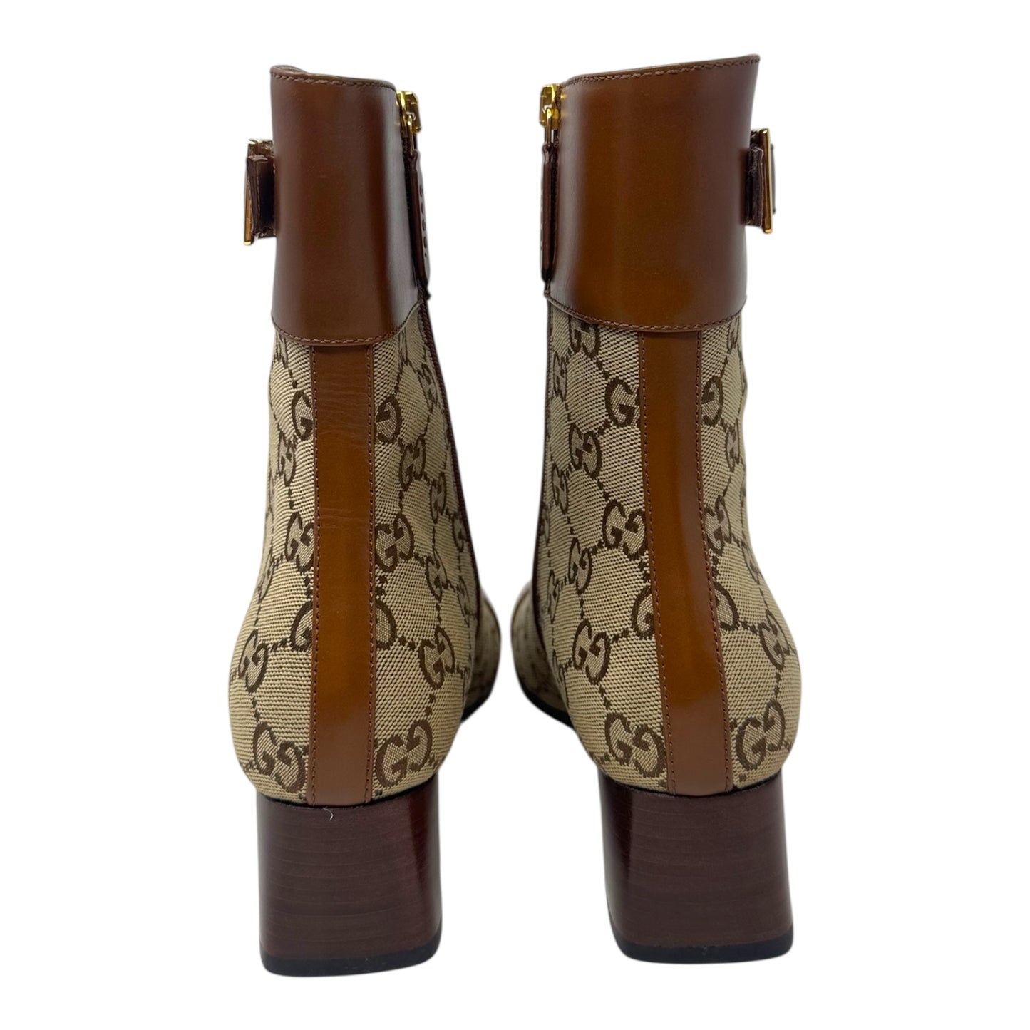 Ellis GG Supreme Canvas & Leather Cap Toe Ankle Boots Luxury Designer By Gucci In Camel Ebony, Size: 7.5
