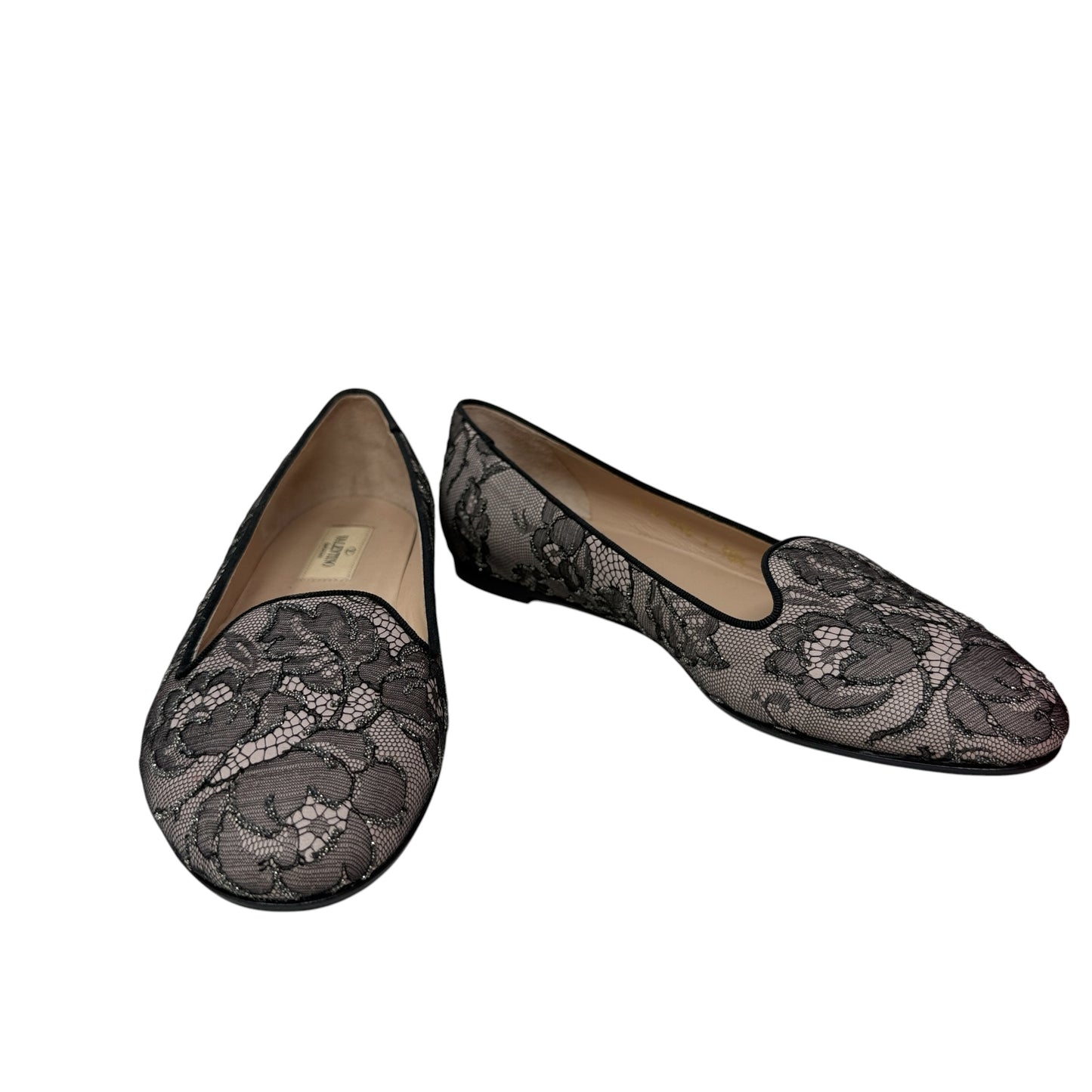 Caviar Crystal Lace Smoking Slippers In Blush Luxury Designer By Valentino-garavani In Black & Cream, Size: 8.5 (38.5)