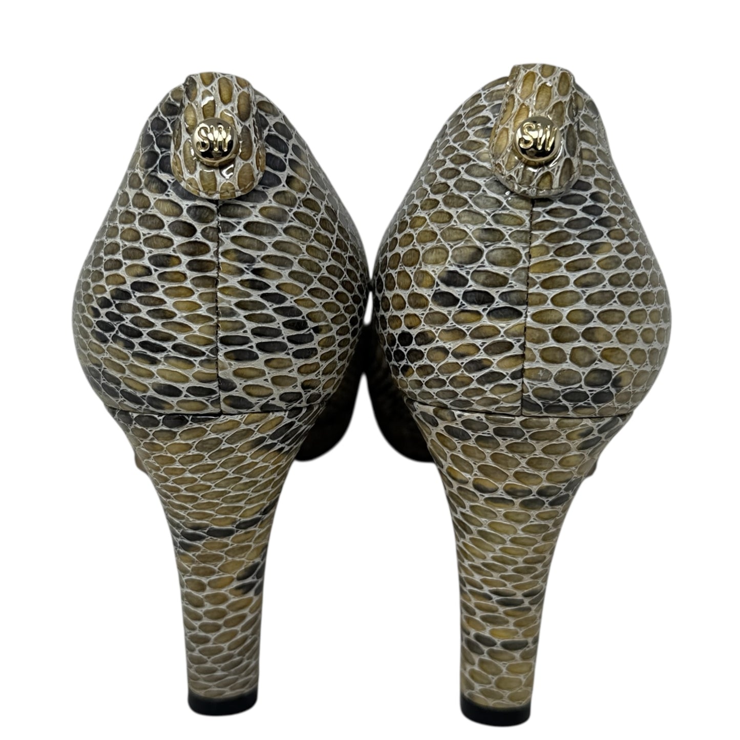 Logo Plainfield Snake Embossed Leather Peep Toe Pumps Designer By Stuart Weitzman In Snakeskin Print, Size: 9