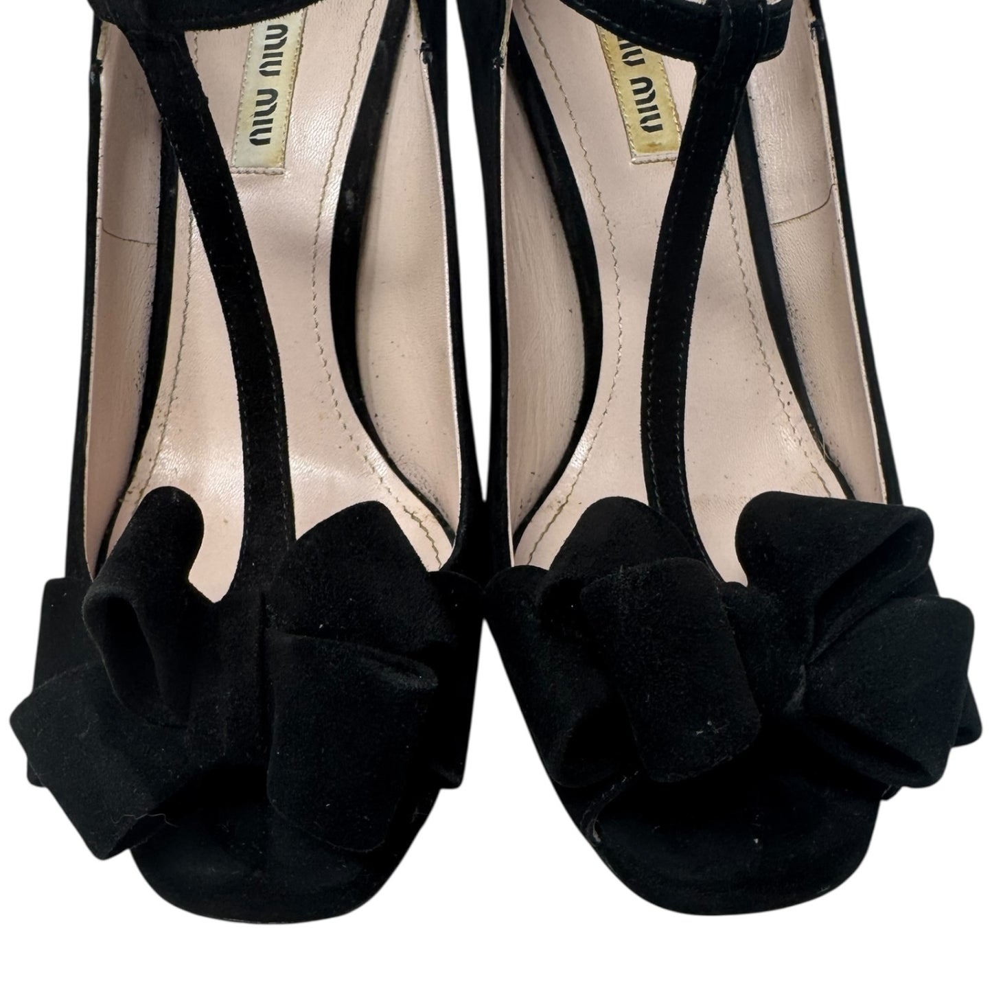 Suede T Strap Peep Toe Heels Shoes Luxury Designer By Miu Miu In Black, Size: 10 (IT 40)