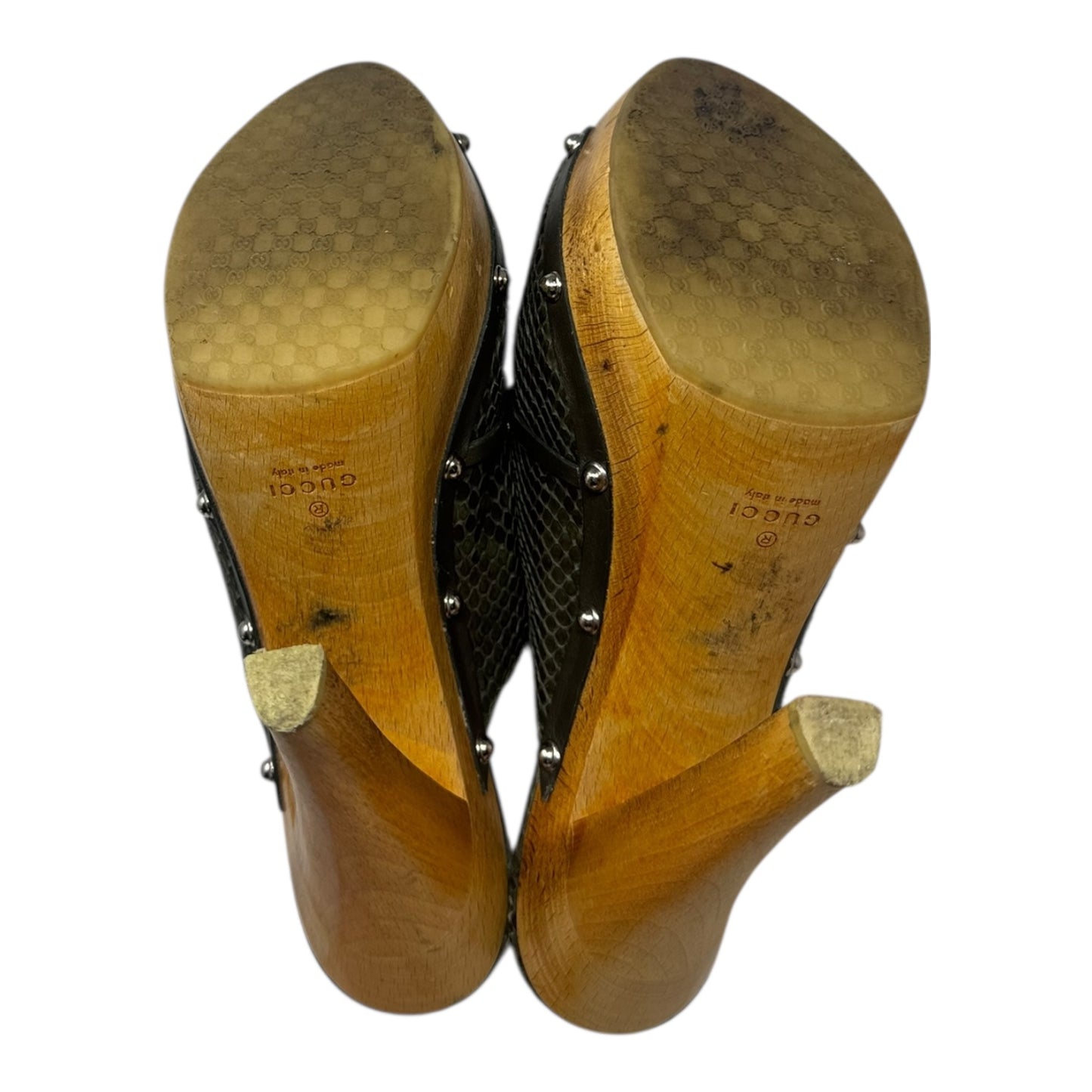 Python Buckle Peep Toe Wooden Heels Shoes Luxury Designer By Gucci In Snakeskin Print, Size: 9