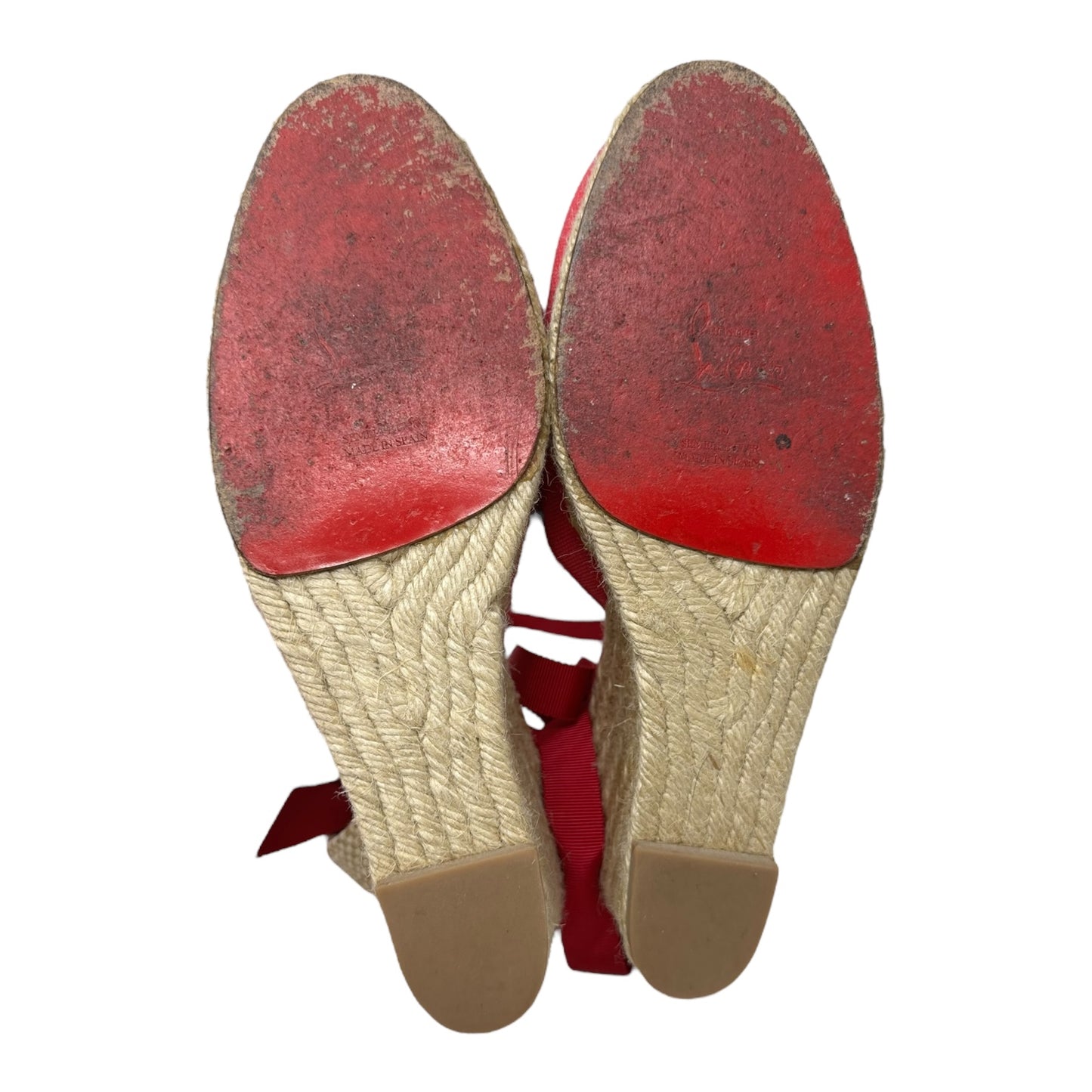 Ankle Tie Espadrille Wedge Shoes Luxury Designer By Christian Louboutin In Red, Size: 8 (IT 39)