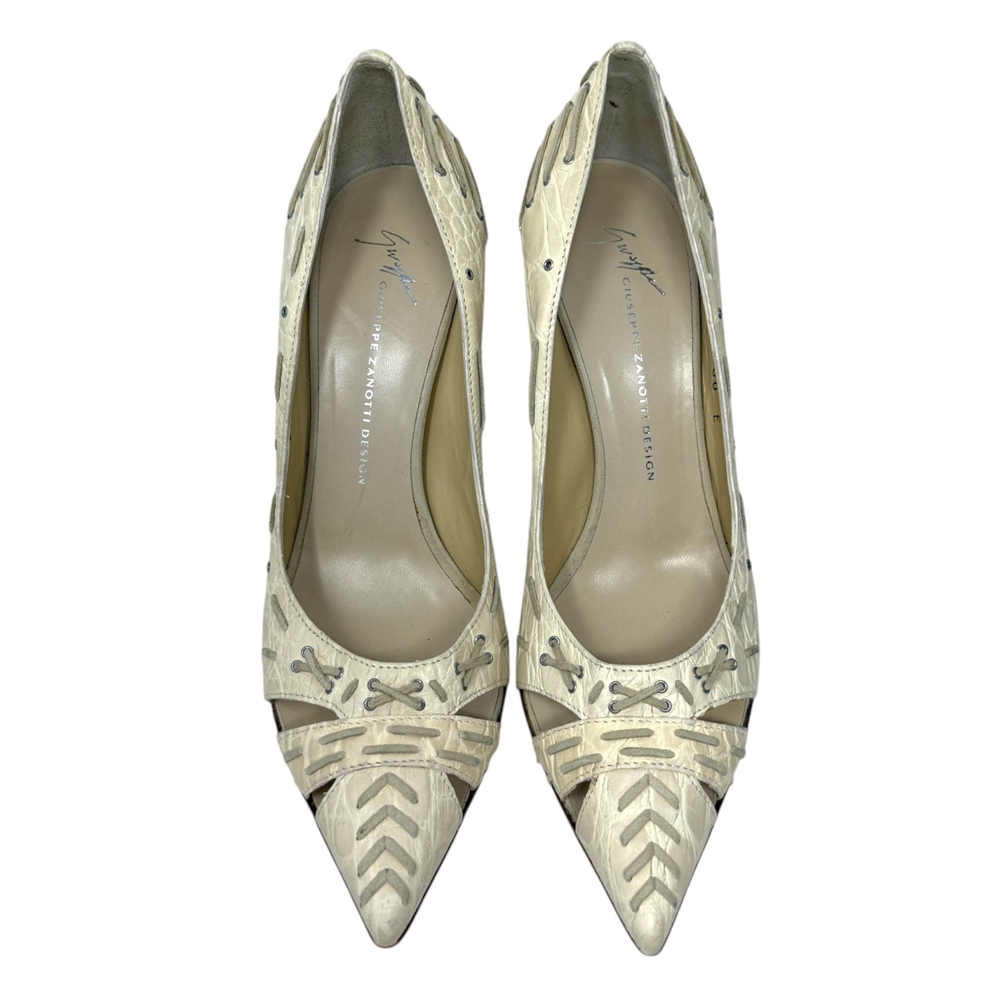 Vintage Vicini Croc Embossed Lace Detail Cutout Stiletto Pumps Designer By Giuseppe Zanotti In Cream, Size: 7