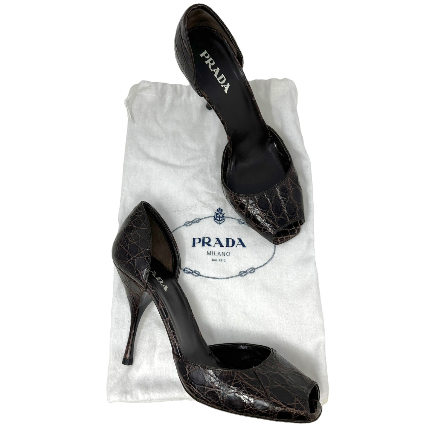 D'Orsay Peep Toe Pumps Luxury Designer By Prada In Brown, Size: 7.5