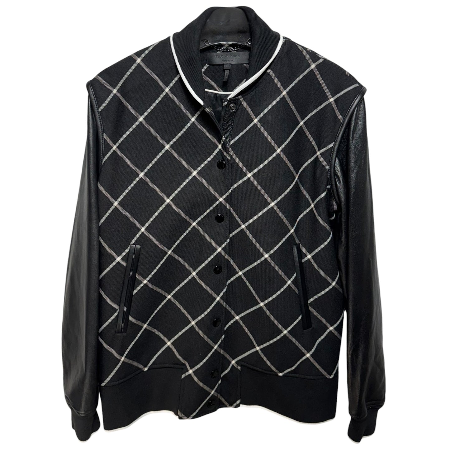 Edith' Windowpane Check Leather Sleeve Bomber Jacket By Rag And Bone In Black & White, Size: 0