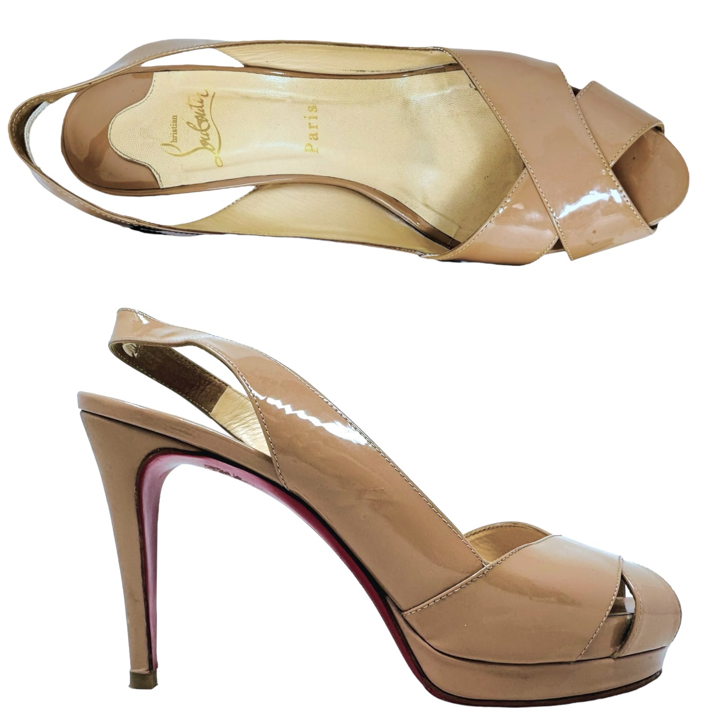 Soso 100 Patent Calf Slingback Sandals Luxury Designer By Christian Louboutin In Nude, Size: US 9/ IT 40