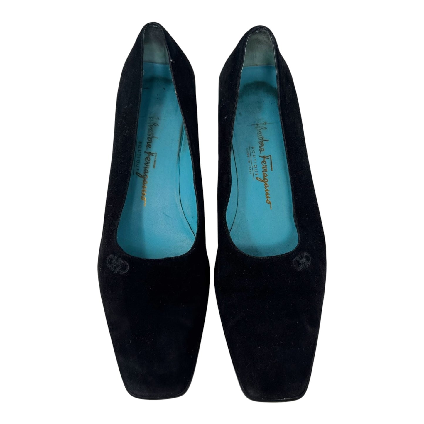 Suede Square Toe Block Heel Shoes Luxury Designer By Ferragamo In Black, Size: 10